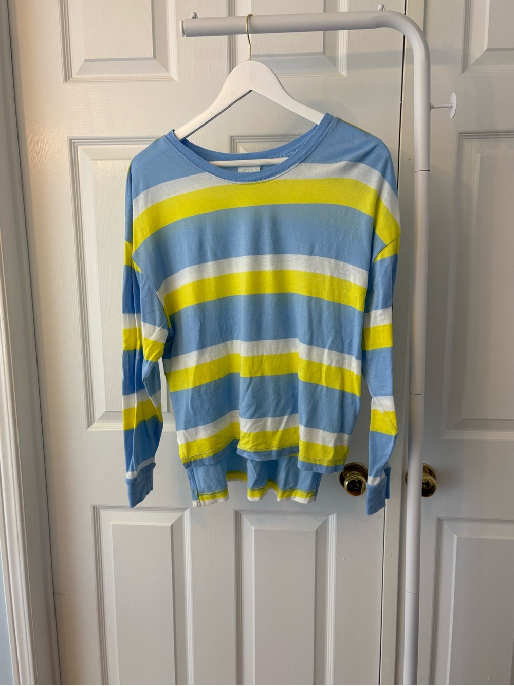 Abound Crewneck Long Sleeve Top Blue, Yellow & White Striped Small Cotton - Picture 2 of 10